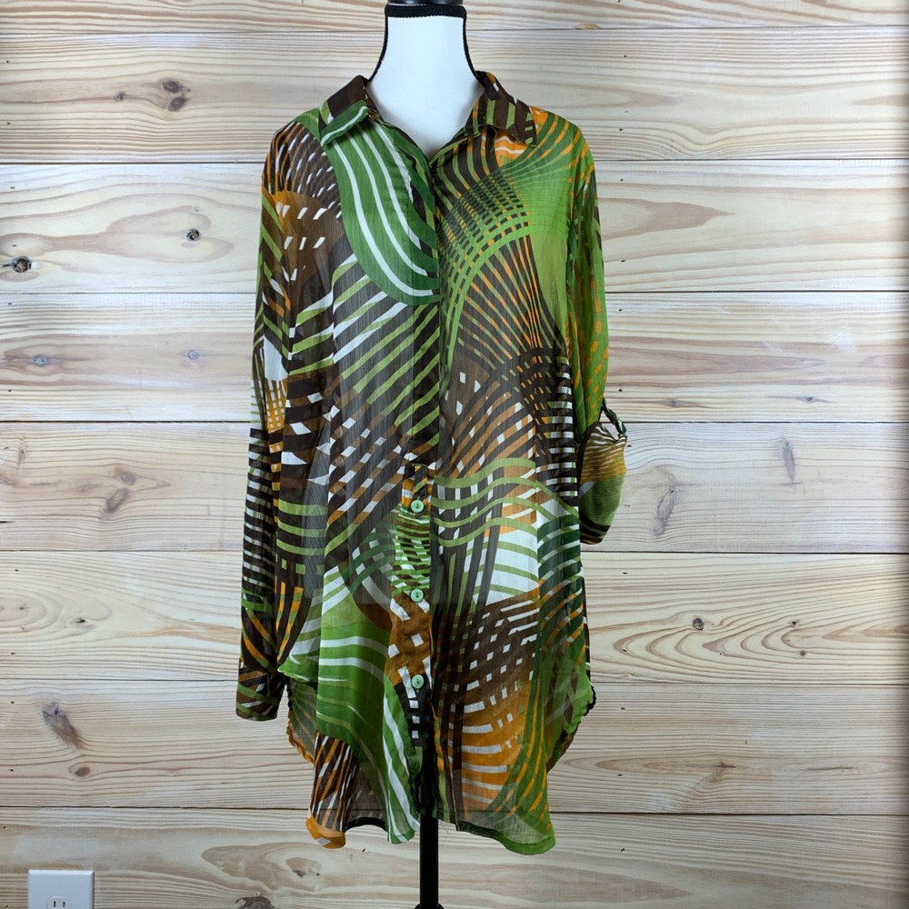 Erin‎ Button Up Shirt Women 1X Green Tropical Sheer Tunic Cover Up Resort Beach